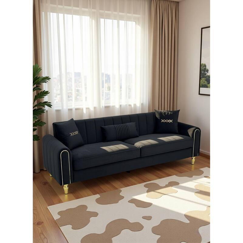Roomfitters 87.4 Inch 3 Seater Elegant Modern Upholstered Sofa with Gold Metal Trim, Vertical Channel Tufted Back