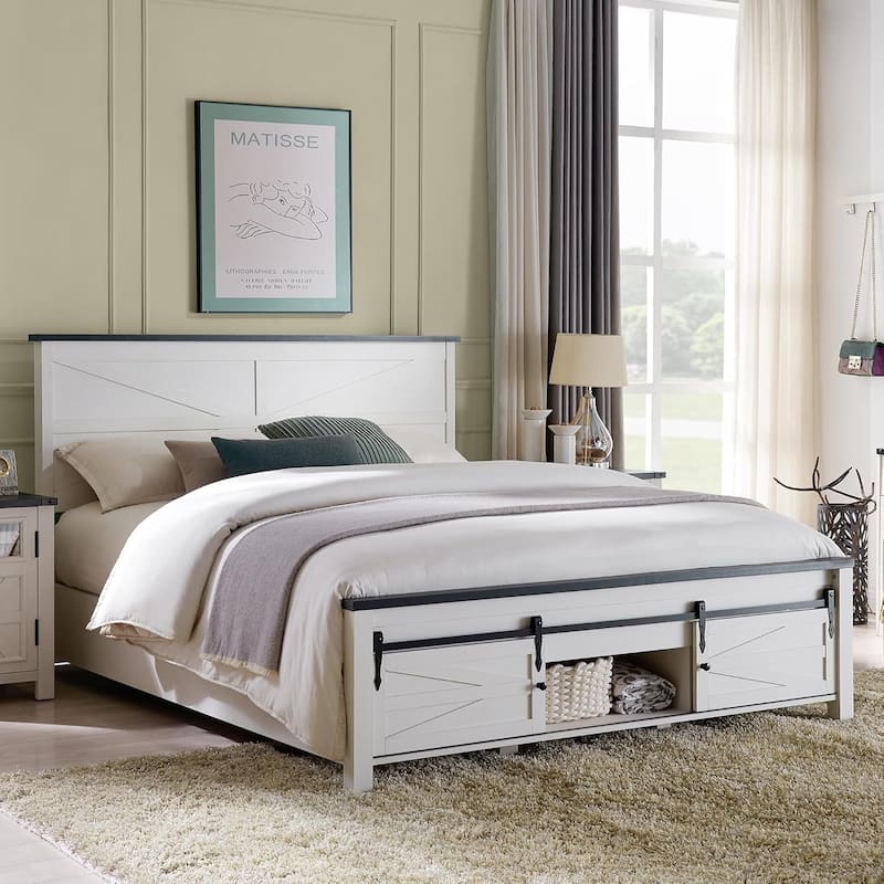 Farmhouse King Size Wood Bed Frame with Sliding Barn Door Storage