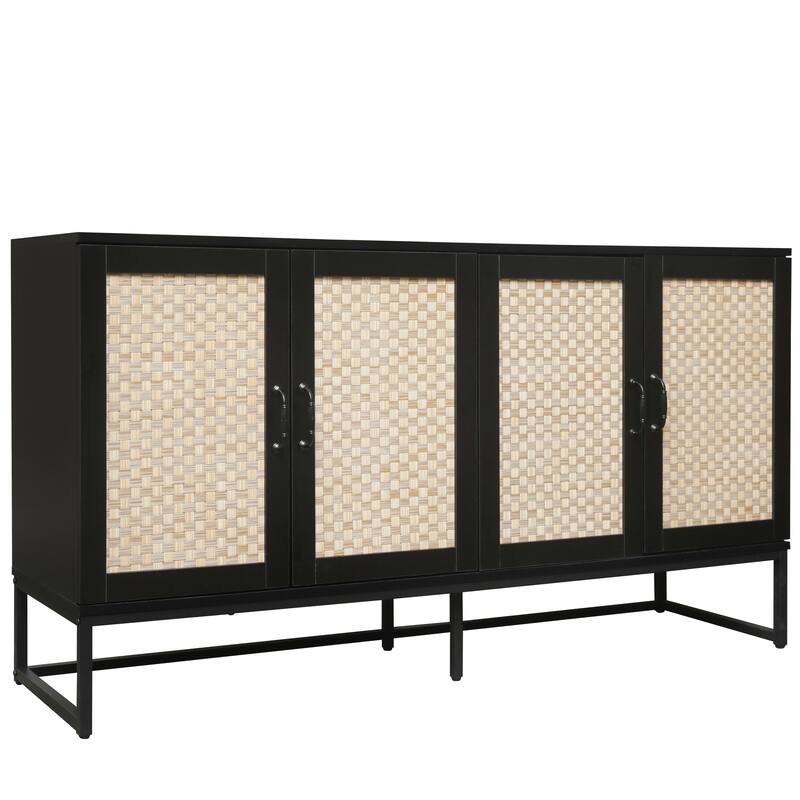 Engineered Rattan Buffet Accent Storage Cabinet 4-Door Sideboard with Adjustable Shelf, Cupboard Console Table Hallway Cabinet