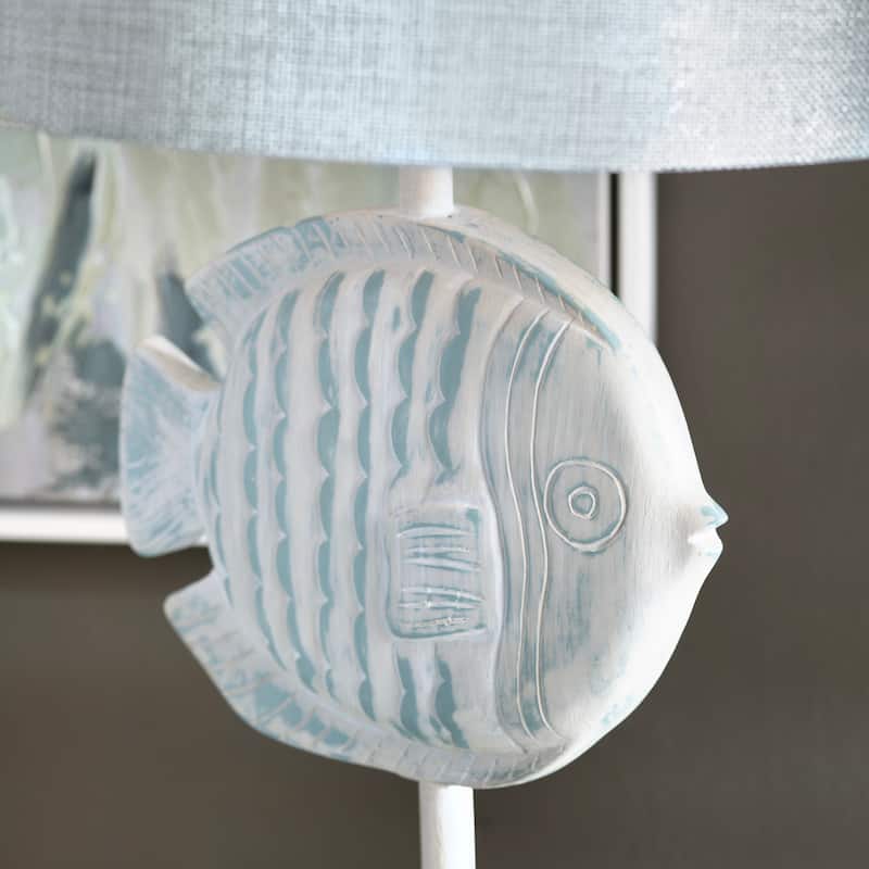 Light Blue and White Resin Fish Table Lamp with Shade - 14" x 14" x 24.5"