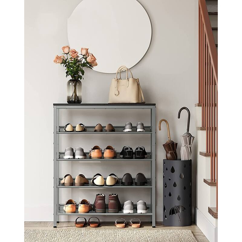 Brown Wood 5-Tier Shoe Rack with Storage Shelves and Spacious Top - 11.8”D x 29.5”W x 36.6”H