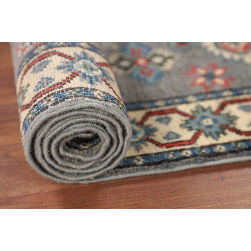 Geometric Grey Kazak Oriental Runner Rug Hand-Knotted Wool Carpet - 2'2" x 5'11"
