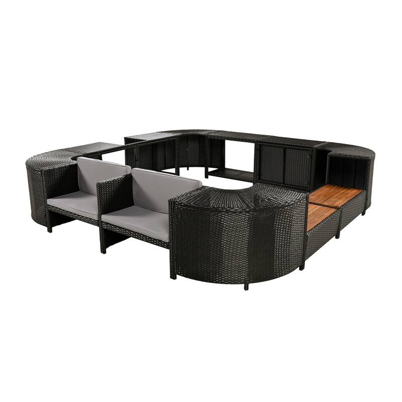 Outdoor Rattan Spa Frame Conversation Sofa Set with Storage & Wooden Bench
