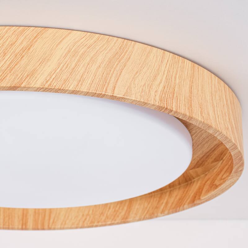 19.7" W Modern Minimalist Round Circle Integrated LED Flush Mount Ceiling Light with Wood Grain Finish