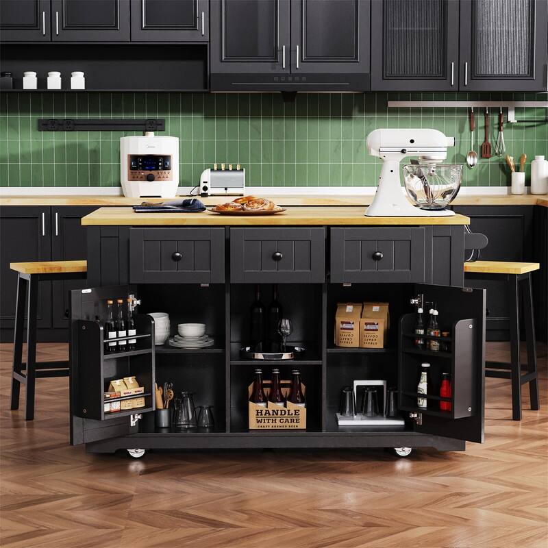 3-Piece/1 Piece Kitchen Island Set with/without 2 Bar Stools, Kitchen Cart on Wheels with 3 Drawers, Drop Leaf & Open Side Racks - Single Kitchen Island-Black
