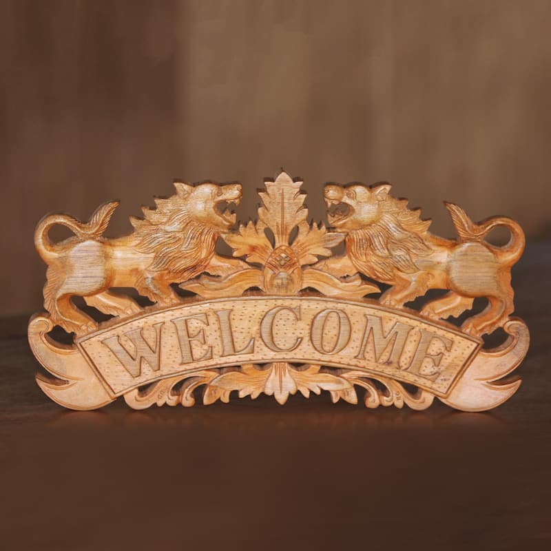 Novica Handmade Welcoming Lions Wood Relief Panel
