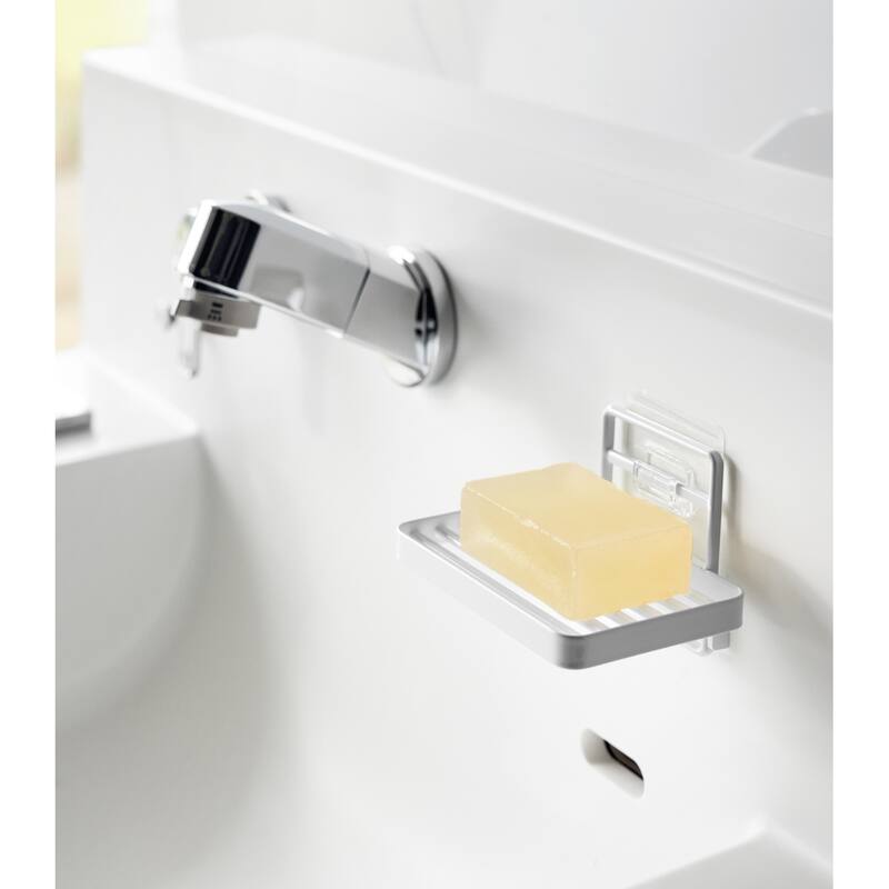Yamazaki Home Traceless Adhesive Soap Tray, Steel, Holds 1.1 lbs - L 3.35 x W 4.72 x H 3.07 inches