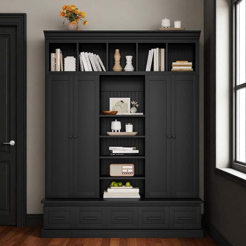 78.7'' H Hall Tree with Bench, 5 Cubbies, 4 Doors & 5 Drawers, Adjustable Shelves Entryway Storage Cabinet - Black