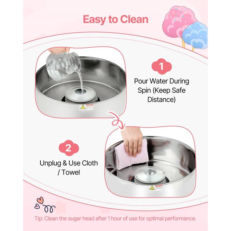 Blue Stainless Steel 1000W Cotton Candy Machine with 1 Hour Run and Easy Cleanup - 14.96x14.96x13.31 in