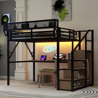 Full Size Metal Loft Bed with Desk and Charging Station, Stairs & Light for Kids Teens, Black