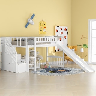 White Twin Size Loft Bed with Two Stairway Drawers and Slide - Bed Bath ...