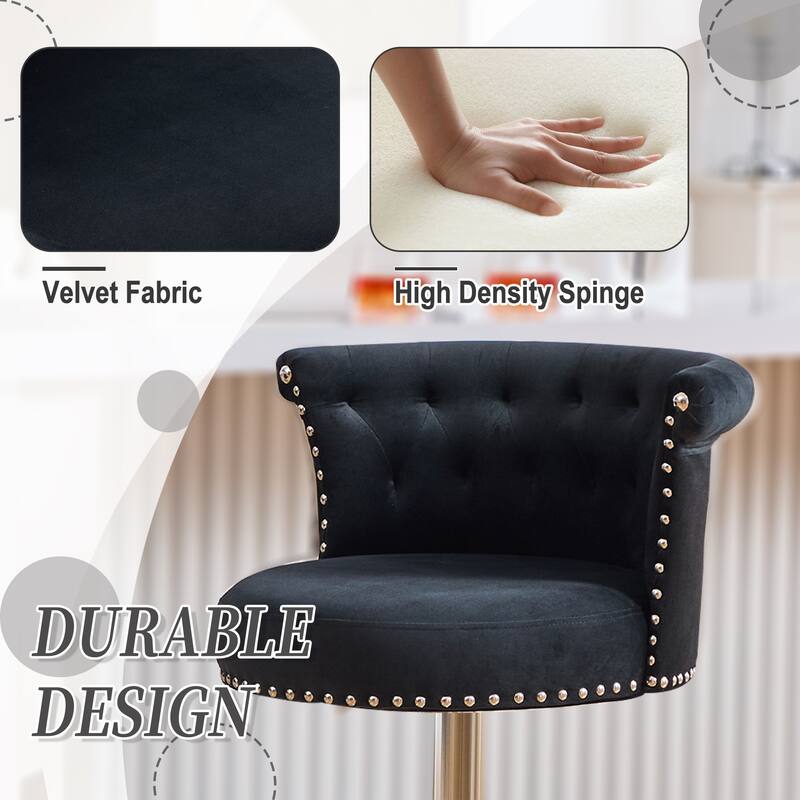 360° Swivel Bar Stools Set of 2 Adjustable Velvet Accent Chairs with Footrest Base, Button Tufted and Barrel Curved Backrest