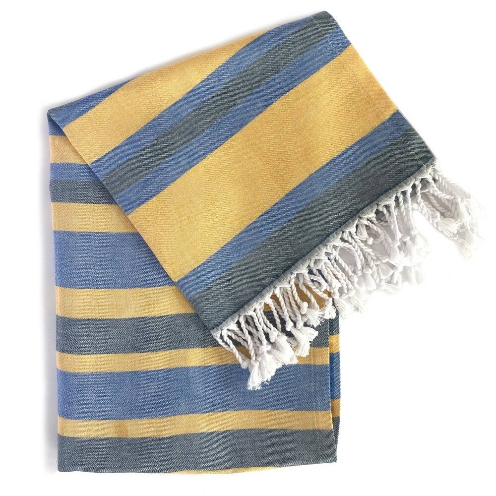 HomeRoots Denim and Yellow Striped Design Turkish Beach Blanket