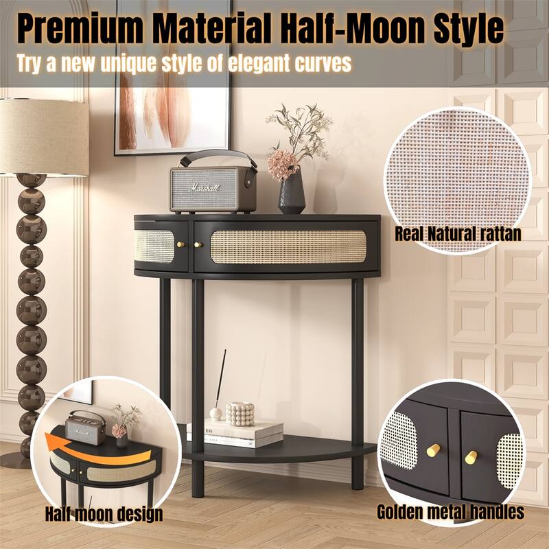 Unique Half Moon Design End Table with Sliding Rattan Door