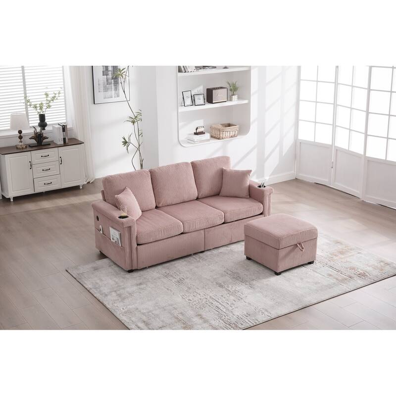 L-Shaped Sectional Sofa with Pull-Out Storage,Ottoman & Pillows 3-Seat with USB Charging,Cup Holder, Convertible Design