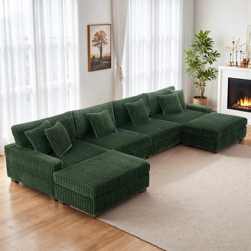 Anne 150" W Upholstered Plush Corduroy Modular Sectional Sofa