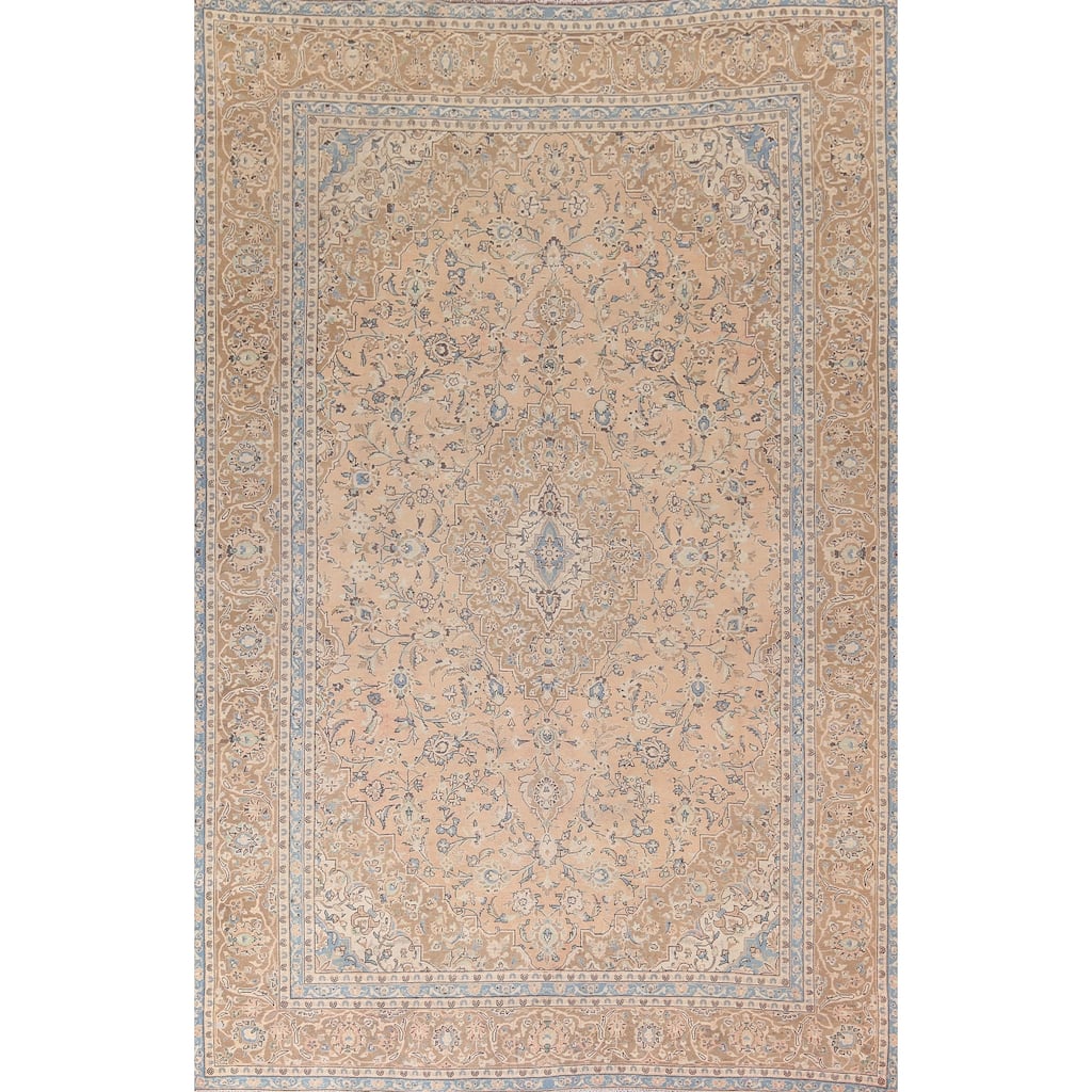 Traditional Floral Mashad Persian Vintage Rug Hand-Knotted Wool Carpet - 9'1"x 13'1"