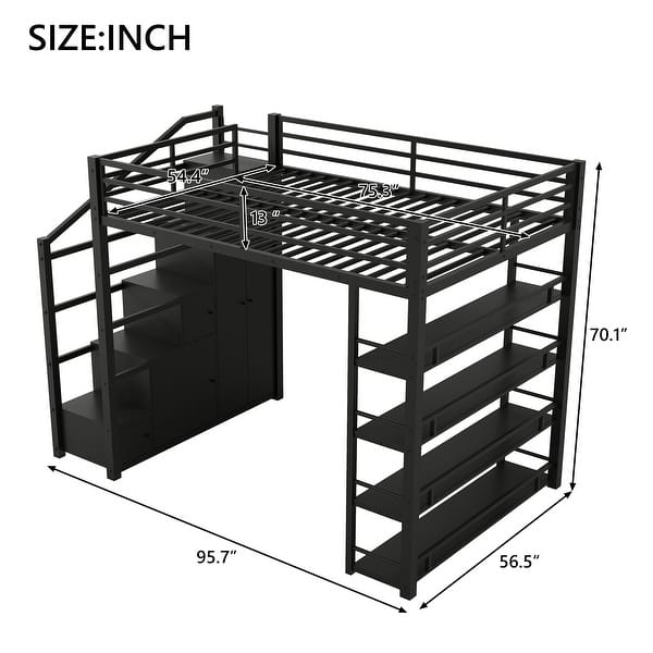 dimension image slide 1 of 2, Full Size Metal Loft Bed with Storage Shelves, Cabinets and Wardrobe Metal Support Bed Frame for Kids, No Box Spring Needed