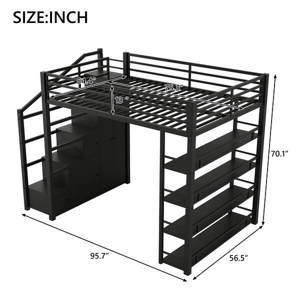 Full Size Metal Loft Bed with Storage Shelves & Cabinets, Space-Saving Heavy Duty Loft Bed Frame with Wardrobe & Staircase