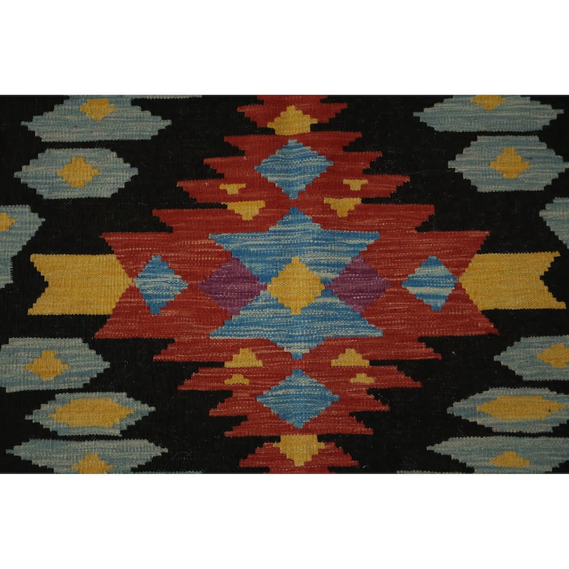 Hand Woven Oriental 100% Wool Carpet Southwestern Tribal Black Kilim Area Rug - 9' 10'' X 6' 8''