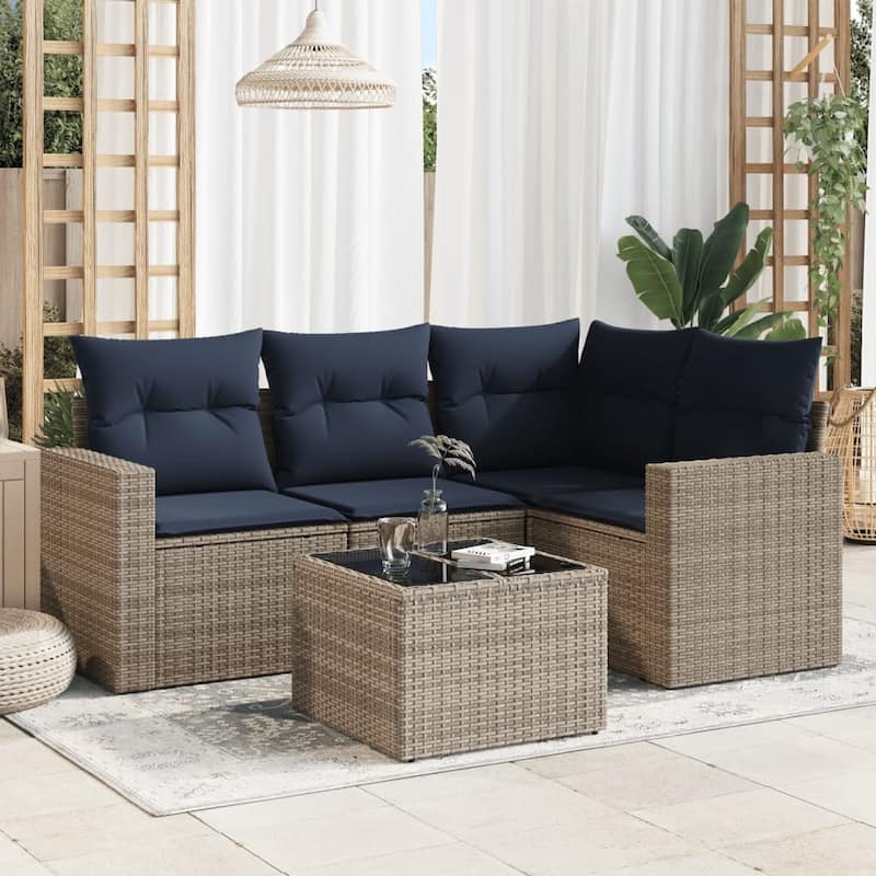 vidaXL Patio Sofa Set with Cushions Outdoor Conversation Furniture Poly Rattan - 25.8" x 24.4" x 27.2" - Beige and gray with table