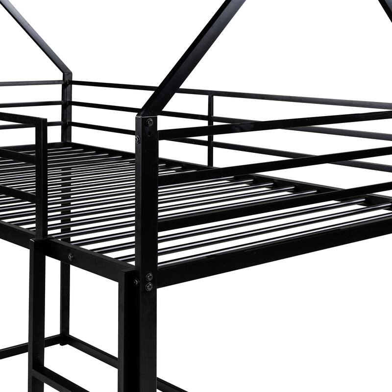 Twin Size Floor Bunk Bed Frame, Heavy Duty Metal House Bunk Bed, Twin over Twin House Shaped Bed Frame with Convertible Ladder