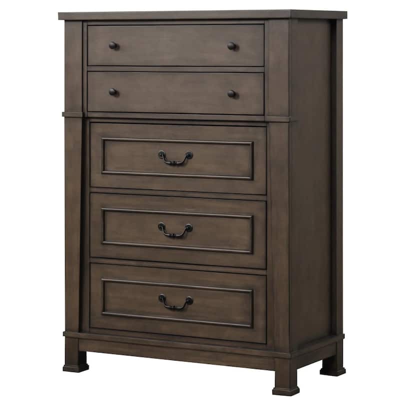 Huder Tall Dresser Chest, 5 Drawers, Dark Walnut Brown Wood, Black Metal
