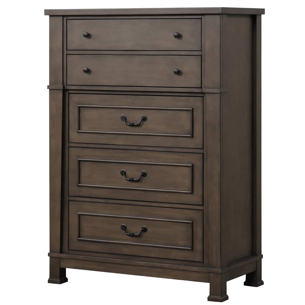 Huder Tall Dresser Chest, 5 Drawers, Dark Walnut Brown Wood, Black Metal