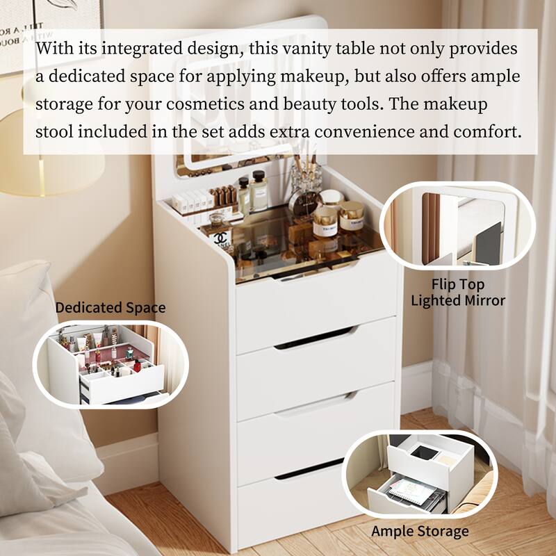 Flip-Top Vanity Table with LED Mirror, Multi-Functional Makeup Desk