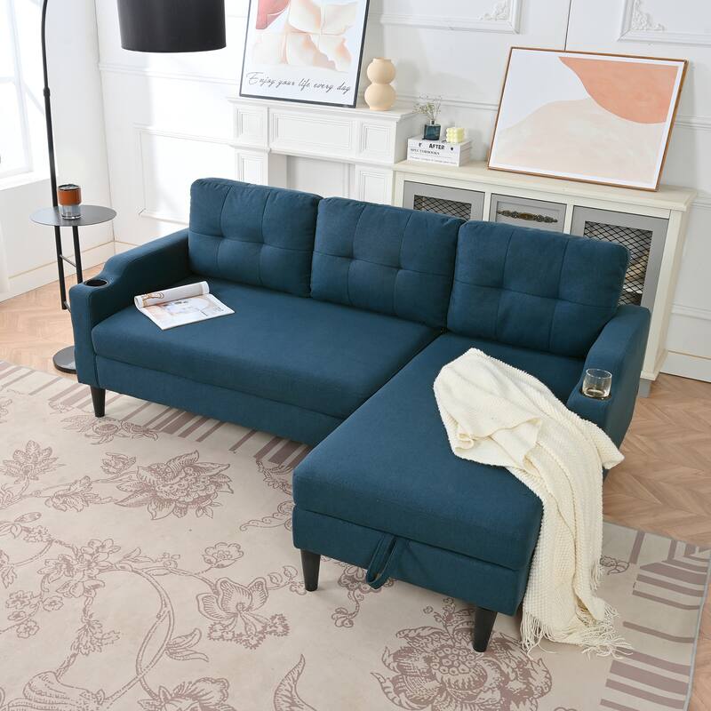 Pull Out Couch, L Shaped Convertible Sleeper Sofa Bed with Hidden Storage, 3-in-1 Upholstered Sectional Sofa with Cup Holder