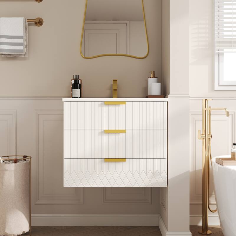 24‘’ Modern Wall Mounted Floating Bathroom Vanity with Ceramic Sink - White - BathroomVanity