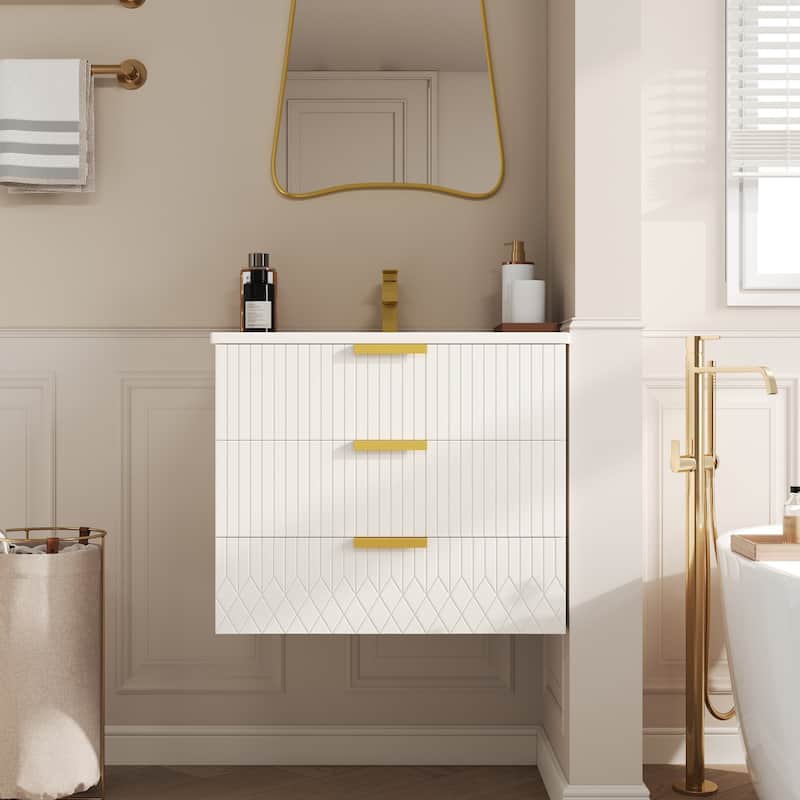 24 inch Wall Mounted Bathroom Vanity with Ceramic Sink, Side Cabinet & Single Hole Faucet - White+Vanity