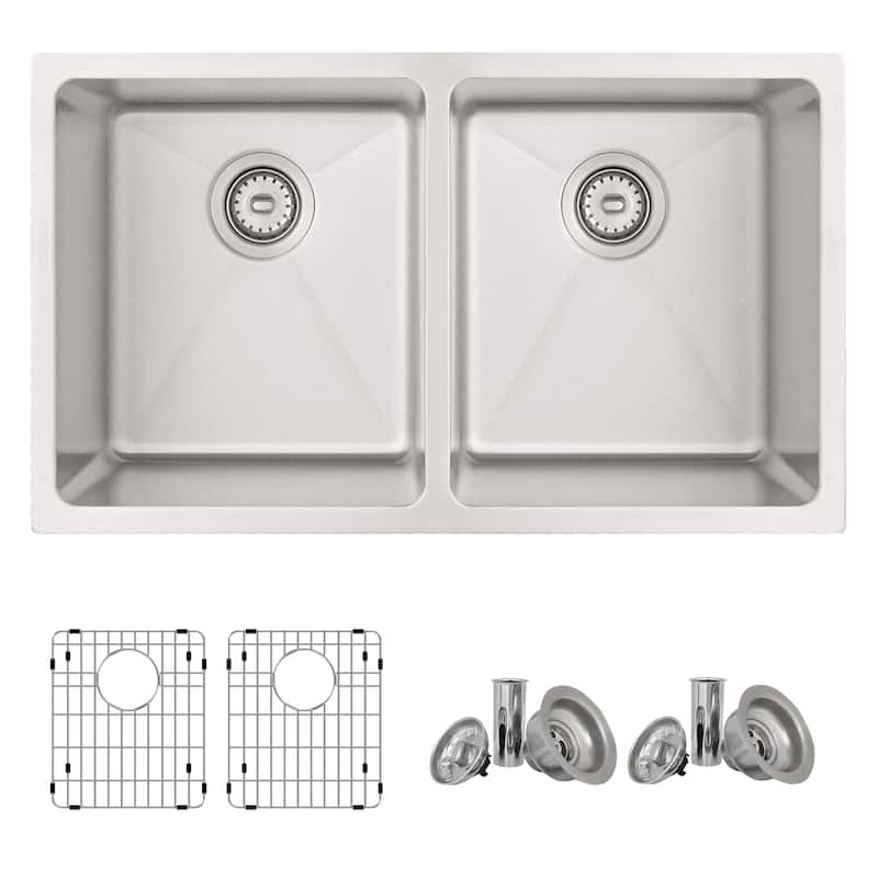 STYLISH Dual Mount 31" Double-Bowl Stainless Steel Kitchen Sink with Grids and Strainers S-401G - 31" x 18" x 9"