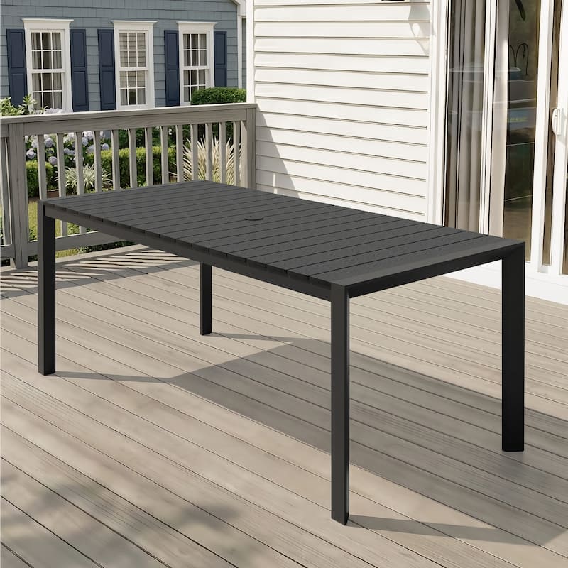 Outdoor All-Weather Aluminum Patio Rectangular Dining Table with Umbrella Hole - Black - 71.42 inches long