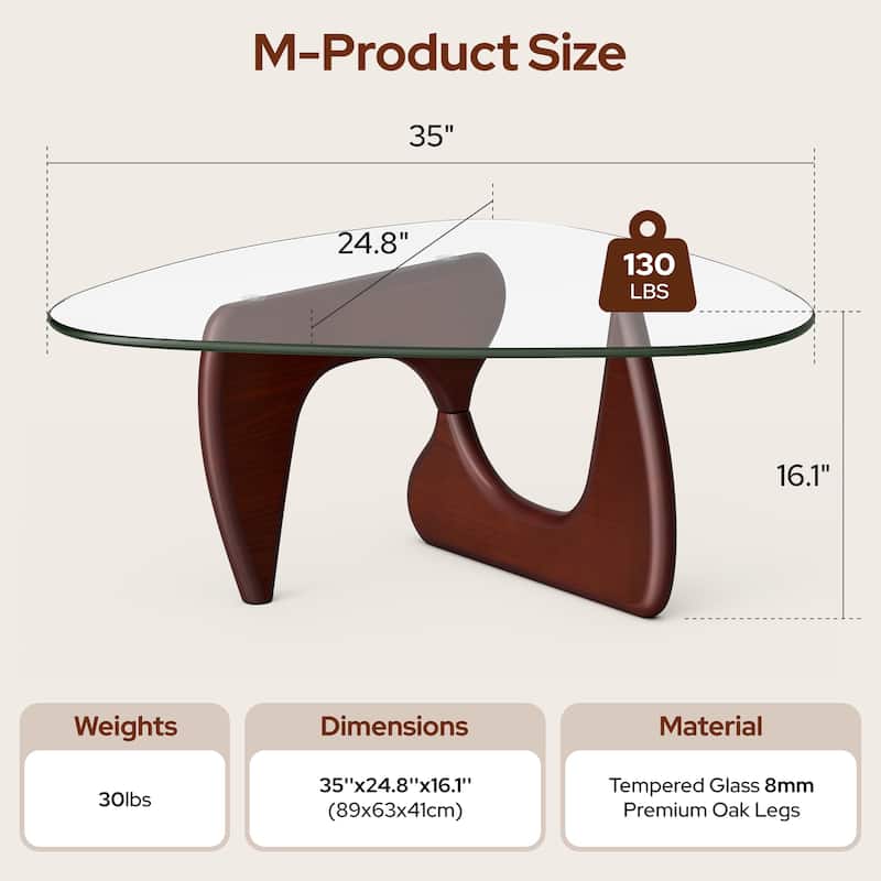 Mid Century Triangle Coffee Table Tempered Glass Top With Rubber - Darl Walnut M Size