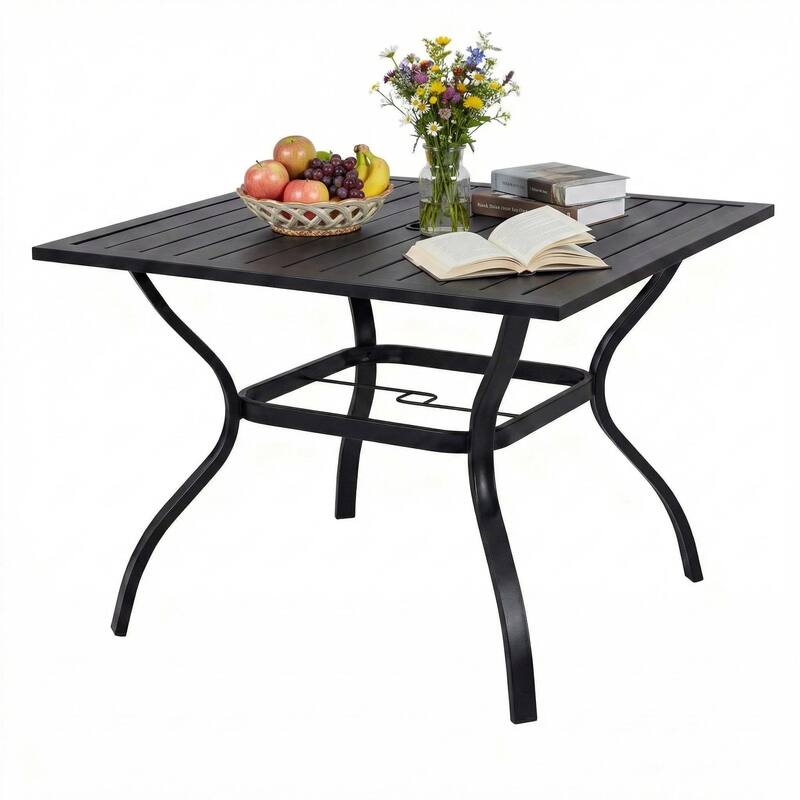 Metal Steel Slat Patio Dining Table Square Backyard Bistro Table Outdoor Furniture Garden Table - Black