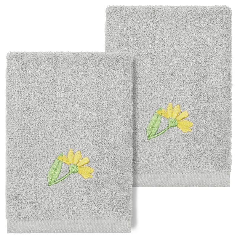 Authentic Hotel and Spa 100% Turkish Cotton Daisy 2PC Embellished Washcloth Set - Light Gray