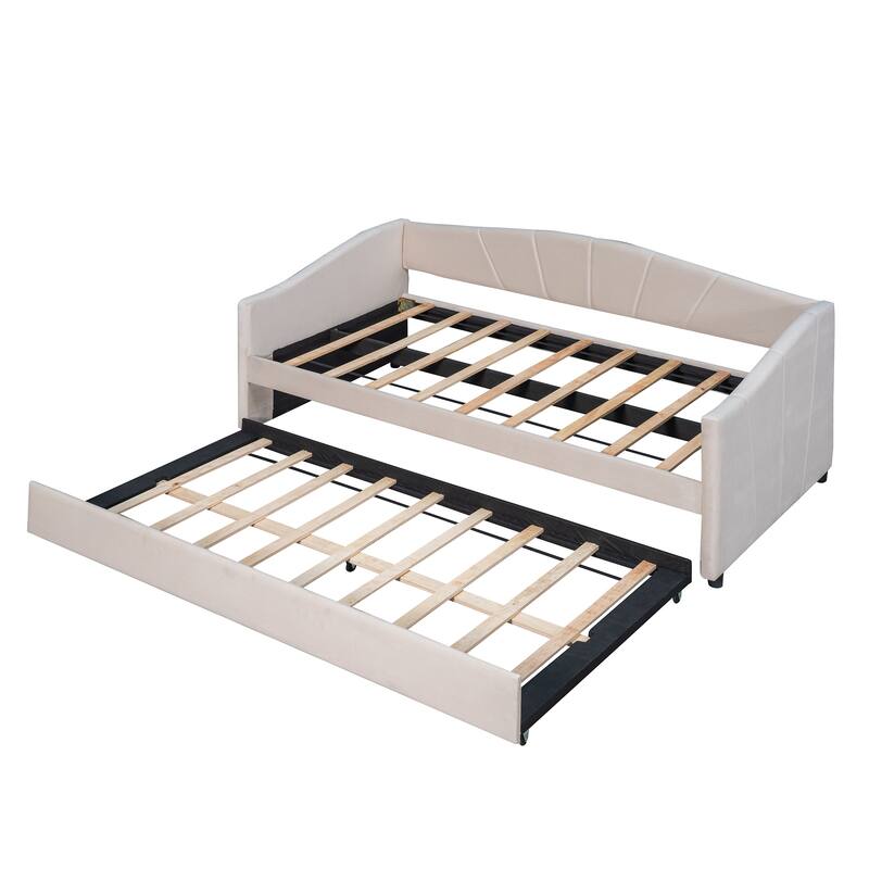 Twin Size Daybed Frame Rays Pattern Design Velvet Upholstered Daybed with 2 Drawers or Trundle, Wood Slat Support