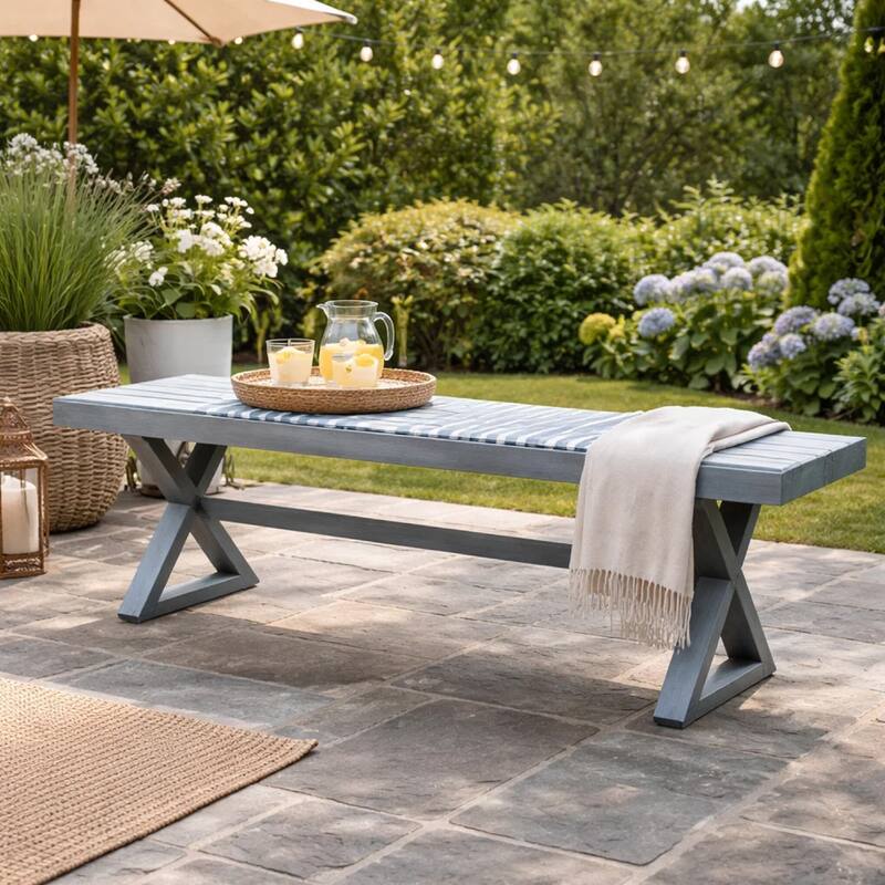 Jica Outdoor Dining Bench, X Shape Legs, Slatted Dark Gray Metal, 59 Inch