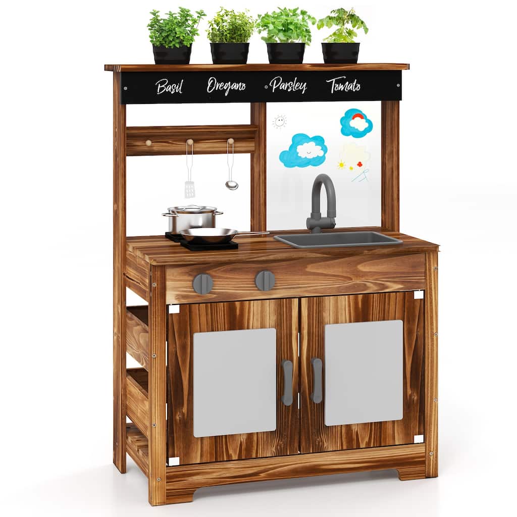 Brown Fir Wood Outdoor Play Kitchen with Sink, Pots, Blackboard and DIY Board - 27" L × 14" W × 38" H