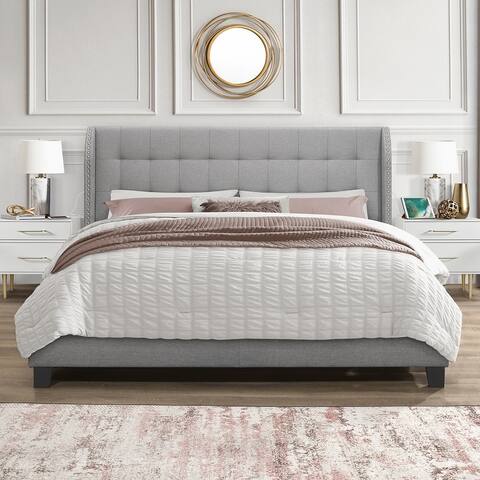 Buchanan Upholstered Tufted Platform Bed with 2 Dual USB Ports, Smoke Gray Fabric
