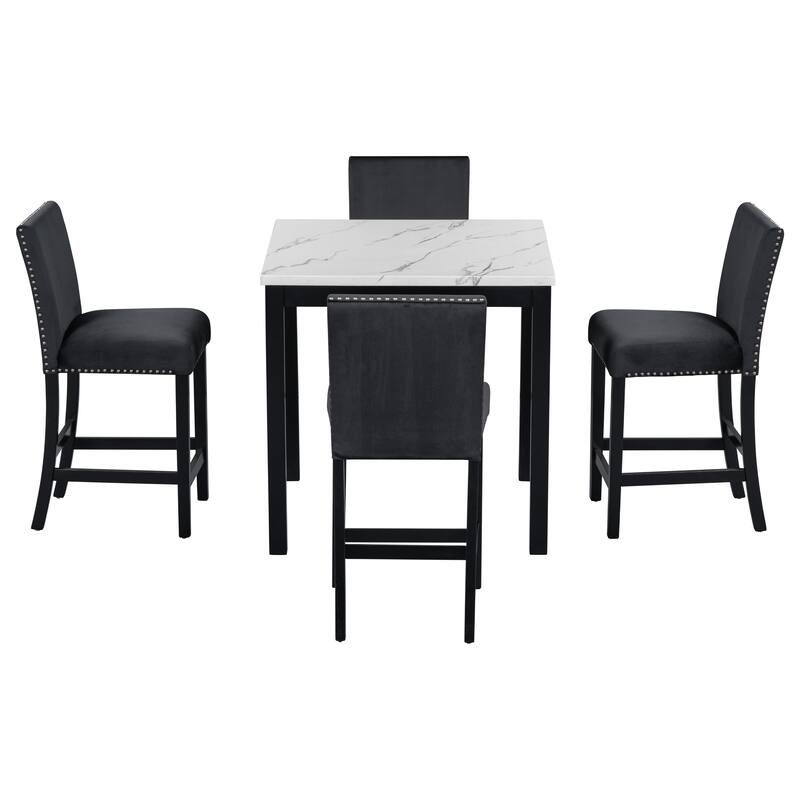 5 Piece Counter Height Kitchen Table Set, Faux Marble Top Square Dining Table with 4 Velvet Upholstered Chairs