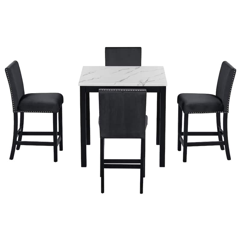 GDFStudio - Vornell Modern 5-Piece Counter Height Dining Table Set with Faux Marble Top & 4 Velvet Upholstered Chairs
