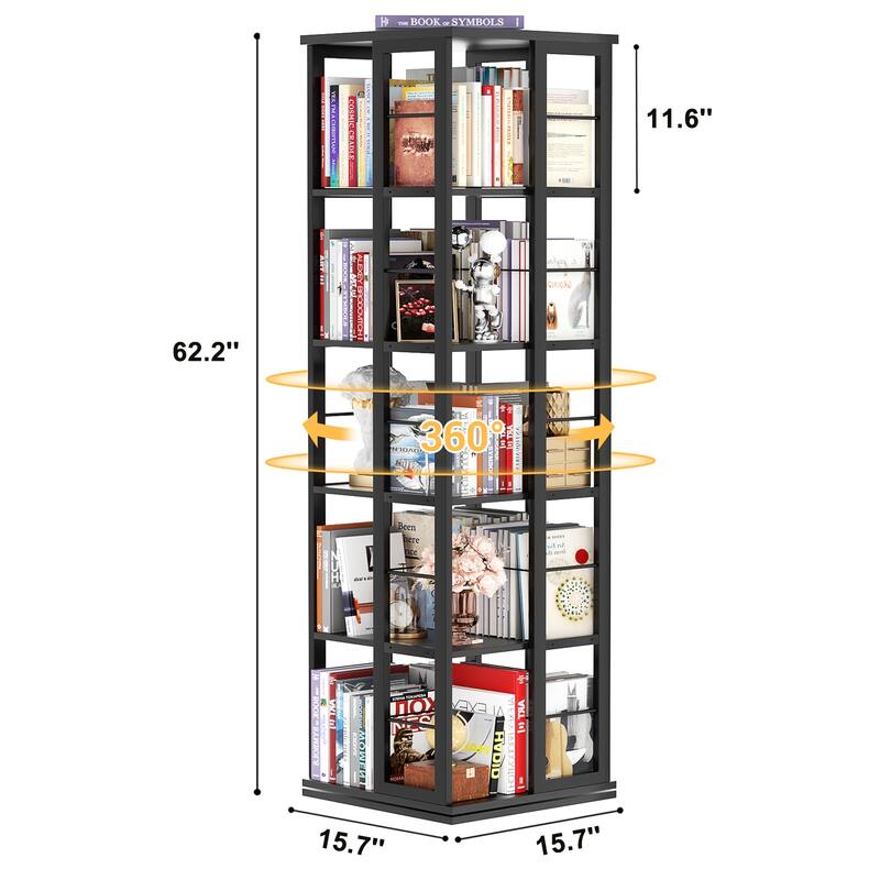 5-Tier Corner Rotating Bookshelf, 360 Display Wood Spinning Bookshelf, Floor Standing Bookcase Organizer Storage Rack