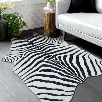 HR Print Rug Non-Slip Faux Cowhide Black and White Zebra Print Area Rug for Cabin and Lodge