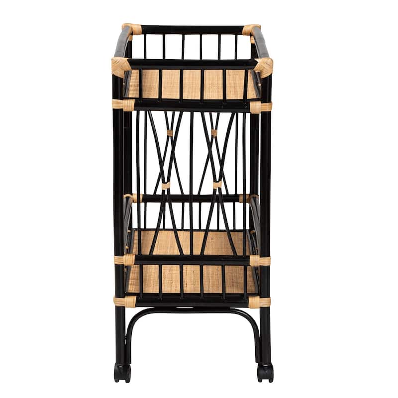 Dalinda Modern Bohemian Two-Tone Black and Natural Brown Rattan 2-Tier Kitchen Cart