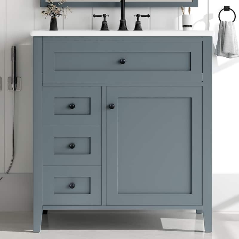 30-Inch Bathroom Vanity with Sink, Modern MDF and Rubberwood Cabinet with 3 Drawers and Adjustable Shelf, Freestanding