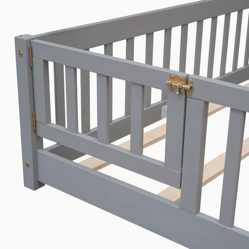Pine Wood Floor Platform Bed with Fence and Door