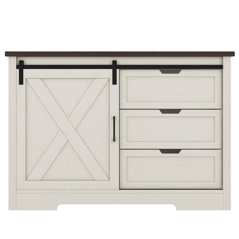 Farmhouse Sliding Barn Doors Sideboard Storage Cabinet with 3 Drawers, Dining Room Buffet Cabinet Dresser Bar Chest
