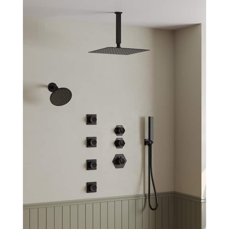 Dual Heads Thermostatic Shower Faucet with 12" Rainfall Shower, Handhels Spray And Body Jets - 12" x 6" - Matte Black